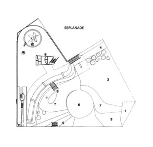 Planimetria generale – 1. ingresso place du Colonel Fabien; 2. rampa pedonale; 3. spazi verdi; 4. ingresso di servizio boulevard de la Villette; 5. ingresso avenue Mathurin Moreau; 6. cupola; 7. esplanade; 8. ingresso principale; 9. torre tecnica; 10. patio; 11. ingresso parcheggio sotterraneo (© G. Hermier, Le nouveau siége du Comité central du PCF, in «Révolution», n. 17, 27 giugno 1980)