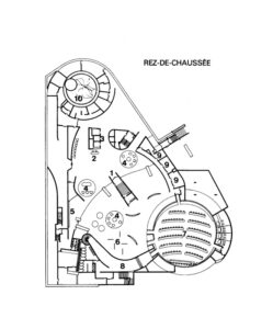 Pianta piano terra – 1. ingresso principale; 2. accettazione; 3. ascensori; 4. angolo conversazione; 5. biblioteca; 6. foyer exposizioni; 7. aula del Comitato Centrale; 8. ingresso alle sale riunioni del 1. interrato; 9. uffici; 10. patio (© G. Hermier, Le nouveau siége du Comité central du PCF, in «Révolution», n. 17, 27 giugno 1980)