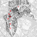 A: edificio servizi al viaggiatore; B: collegamenti Trento‐Kennedy-Trieste;
C: riqualificazione delle strutture ferroviarie esistenti; D: piazzali aree di servizio per la mobilità sostenibile, collegamento al bus terminal, collegamenti con le reti ciclopedonali
urbane ed extraurbane, aree di sosta e parcheggi; E: collegamento con l’ospedale Del Ponte