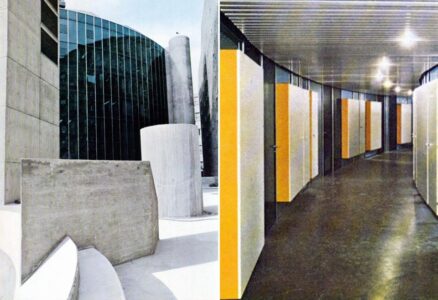 A sinistra: il fronte posteriore, convesso (Foto di Jean-Edgar de Trentinian). A destra: le pareti mobili colorate ai piani degli uffici (“Domus” 511, giugno 1972)