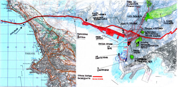 Carta IGM di Trieste con sovrapposto schema delle trame, percorsi, emergenze