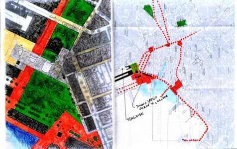 Piazza della Stazione ampliata attraverso l’edificio dei varchi doganali: una nuova porta urbana, grande luogo di raccordo fra i percorsi consolidati del centro e i nuovi viali della Cittadella