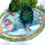 Evaporazione mediterranea è il giardino dell’italiano Stefano Passerotti, che riflette sull’attuale situazione del Mare Nostrum, utilizzando la metafora del tronco d’albero adagiato sull’acqua.