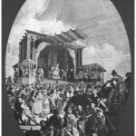 "Commedia italiana in Arena", incisione di M. Marcuola, II^ metà del Settecento. Si nota il palcoscenico del cosiddetto "teatro diurno", definito nel 1877 da Antonio Pompei "l'indecente baracca" che secondo lo studioso ingombrava e deturpava l'anfiteatro