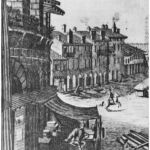 "La piazza della Bra' di Verona", incisione di T. Majeroni, 1747 (particolare). Si notano di scorcio i tetti inseriti al di sotto dei voltati del secondo livello per proteggere le sottostanti botteghe e abitazioni dalle infiltrazioni d'acqua provenienti dalla cavea