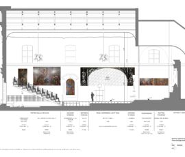 San Teonisto, sezione longitudinale est con ricollocazione opere originarie. Studio Tobia Scarpa