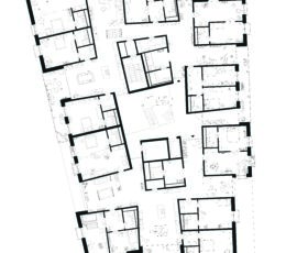 Gli appartamenti dell’Haus A possono ospitare da 10 a 12 persone per appartamento. Le aree living e cucina, disposte liberamente sul piano, hanno dimensioni generose. Ogni piano dispone anche di una lavanderia comune (credits by, Duplex Architekten)