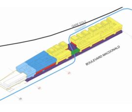 Concept con evidenziato in verde l’attraverso del tram in mezzo all’edificio