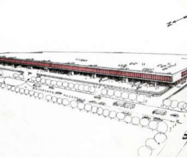 Panoramica che mostra la connessione del magazzino al boulevard MacDonald. Disegno dell'architetto Marcel Forest, 1978