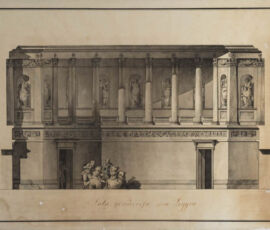 Progetto per una sala grandiosa con loggia. Sezione.
penna e china, china diluita, acquerello grigio e a colori su carta bianca vergata.
Archivio fotografico GAve - “su concessione del Ministero dei beni e delle attività culturali e del turismo, Museo Nazionale Gallerie dell’Accademia di Venezia”