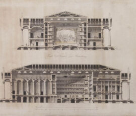 Grande Teatro. Sezione trasversale e longitudinale.
matita, penna con china, china diluita, acquerello grigio, acquerelli colorati su carta vergata.
Archivio fotografico GAve - “su concessione del Ministero dei beni e delle attività culturali e del turismo, Museo Nazionale Gallerie dell’Accademia di Venezia”
