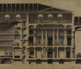 Grande Teatro. Sezione sull’atrio e su parte della sala.
matita, penna con china, china diluita, acquerello grigio, acquerelli colorati su carta bianca vergata.
Archivio fotografico GAve - “su concessione del Ministero dei beni e delle attività culturali e del turismo, Museo Nazionale Gallerie dell’Accademia di Venezia”