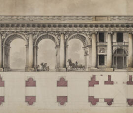 Botteghe del Gabinetto imperiale presso Palazzo Aničkov Prospetto e pianta dell’ingresso.
penna e inchiostro nero, acquerello colorato su carta bianca vergata.
Archivio fotografico GAve - “su concessione del Ministero dei beni e delle attività culturali e del turismo, Museo Nazionale Gallerie dell’Accademia di Venezia”