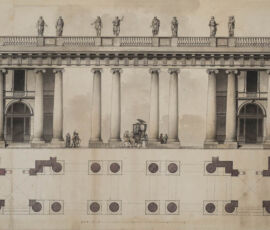 Botteghe del Gabinetto imperiale presso Palazzo Aničkov. Prospetto e pianta dell’ingresso.
matita, penna e inchiostro nero, acquerello colorato su carta bianca vergata.
Archivio fotografico GAve - “su concessione del Ministero dei beni e delle attività culturali e del turismo, Museo Nazionale Gallerie dell’Accademia di Venezia”