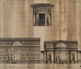 Vestibolo e galleria orientale del Piccolo Ermitage. Sezione trasversale e sezione longitudinale.
matita, penna a inchiostro nero e grigio, acquerello colorato su carta bianca vergata.
Archivio fotografico GAve - “su concessione del Ministero dei beni e delle attività culturali e del turismo, Museo Nazionale Gallerie dell’Accademia di Venezia”