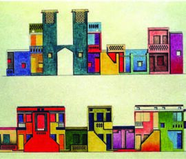 Aranya Low Cost Housing 1989. Indore, India.
(Sketches courtesy of VSF)
Top: Sketch showing staircases and terraces as living spaces.
Bottom: Façade studies for volumes and colors.