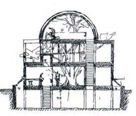 Sangath Architect's Studio 1980. Ahmedabad, India.
(Sketch courtesy of VSF)
Sangath represents the architect’s understanding of life and associations, and is composed of layered experiences. “I am always attracted towards an architecture that has gone through mutations, and yet is within the order of its making.”
Sketch of section, by Doshi.