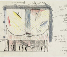 Carlo Scarpa
Allestimento della mostra Frank Lloyd Wright, XII Triennale di Milano, Milano, 1960
Grafite, pastelli e pennarello su carta
(Courtesy Fondazione MAXXI)
