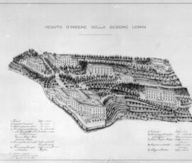 Manicomio Provinciale di Santa Margherita, Perugia. Piano Generale del Manicomio e sue dipendenze. Veduta d'insieme della Sezione Uomini, 1903, ing. P. Pasta