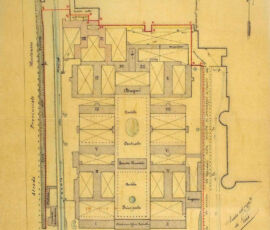 Manicomio "Luigi Lolli", Imola. Pianta del manicomio centrale di Imola e di una piccola parte di ospedale civile, 1897, ing. F. Orsini