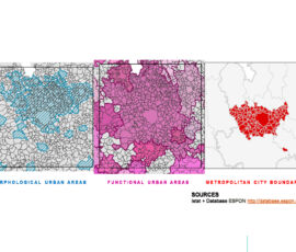 Tre differenti mappe dell'area metropolitana milanese: a sinistra, la morfologia dell'area urbana; al centro, l'area urbana funzionale; a sinistra, i confini amministrativi della città metropolitana (Atlante dei territori del post-metropolitano)