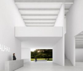 Prospettiva del Foyers nel nuovo Bauhaus-Museum di Weimar. Progetto vincitore di Prof. Heike Hanada con Prof. Benedict Tonon, Berlin