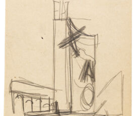 Mario Sironi (1855–1961), Fiat Pavilion, Fiera Campionaria di Milano, 1936. Pencil on thin butt paper 130 × 190 mm.Drawing Matter Collection