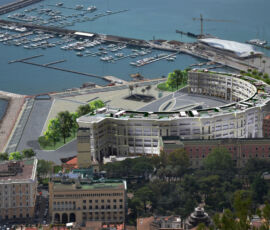 Ricardo Bofill, assonometria del Crescent con, sullo sfondo, il Terminal marittimo (fonte: crescentsalerno.it)