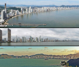 Panorama di Balneario Camboriù, in alto dal teleferico, in basso dalla baia di Itajai