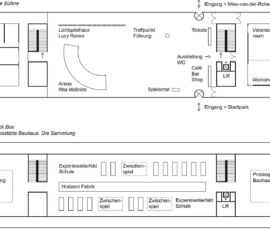 Dessau, Bauhaus Museum di addenda architects (2019), piante p.terra col palcoscenico aperto e p.primo con black box (© addenda architects barcelona)