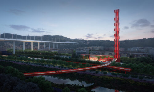 Il parco del Polcevera con il lungofiume, il cerchio rosso e la Torre del vento (capogruppo, Stefano Boeri Architetti - © The Big Picture, courtesy by SBA)