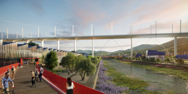 Il parco del Polcevera con il cerchio rosso, il lungofiume e la green factory (capogruppo, Stefano Boeri Architetti - © Renovatio design, courtesy by Metrogramma)