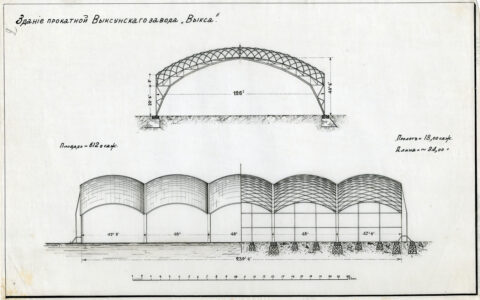 Impianto industriale della Vyksa Steel Works con il sistema di copertura a doppia curvatura messo a punto da Vladimir Shukhov, 1897 (Archivio RAS)