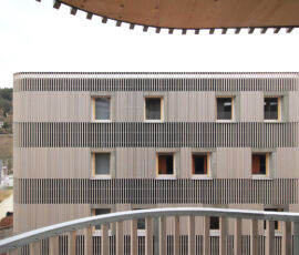 Pannelli a listelli verticali di varie dimensioni arricchiscono le facciate, Hoffnungshäuser Bad Liebenzell (©andOFFICE)