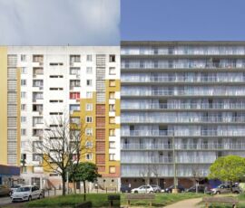 La facciata sud di una barra del quartiere di edilizia sociale del Grand Parc prima e dopo la trasformazione dello studio Lacaton & Vassal (© Philippe Ruault)