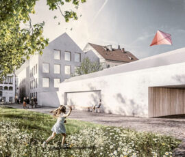 Render del progetto di trasformazione della dimora con vista dal piccolo giardino pubblico (©Marte.Marte/ZTKammer)