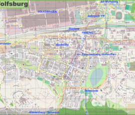 Planimetria di Wolfsburg con indicazione di alcuni luoghi storici