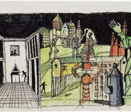Fantasia architettonica con elementi del cimitero di San Cataldo a Modena, della scuola di Broni e di altri progetti, s.d.
(© Eredi Aldo Rossi)