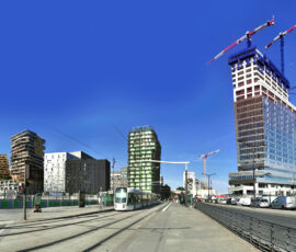 Boulevard du Général Jean Simon con il cantiere delle torri Duo (Atelier Jean Nouvel) e, sullo sfondo, l'edificio Berlier (DPA architecte), dove ha sede l'APUR (© APUR - François Mohrt)