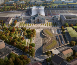 La proposta vincitrice “Green Connect” di Zaha Hadid Architects per la stazione di Vilnius con, in primo piano, l’edificio della vecchia stazione