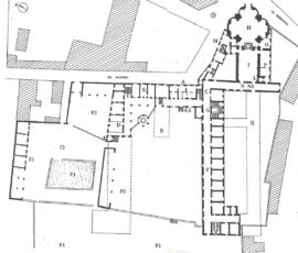 Ricostruzione dello stato del convento nella prima metà del Novecento (arch. Blangino), prima della demolizione dell’ala qui denominata “F”, sostituita dal moderno edificio scolastico