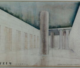 Pietro Lingeri, Giuseppe Terragni, Progetto per il Danteum (Roma, 1938) - Trittico: veduta prospettica verso il Colosseo con bassorilievi di Mario Sironi (China e acquarello su carta Fabriano su telaio in legno 206 x 65 cm) © APL