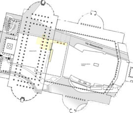 Planimetria del foro di Traiano sovrapposto al tessuto urbanistico attuale. In giallo il settore della basilica coinvolto dal progetto (@Comune Roma)