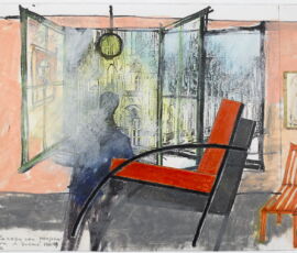 Aldo Rossi, Interno milanese con persona che
osserva il Duomo con nebbia, 1989. Collezione
privata (© Eredi Aldo Rossi, courtesy Fondazione
Aldo Rossi)