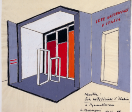 Veduta prospettica dello stand “Sete artificiali d’Italia” (Stand Tessili Italiani) all’Esposizione Internazionale di Barcellona, 1929