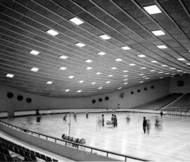 Vista dell’arena e degli spalti “a sbalzo” (courtesy of Tange Associates)