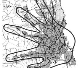 Ideogramma del Five Fingers Plans (Fingerplanen) sulla mappa della Città di Copenhaghen, redatto da Steen Eiler Rasmussen e Christian Erhardt Bredsdorff nel 1947