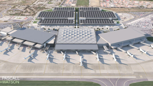 Vista dell'alto del nuovo aeroporto (© Pascall+Watson)