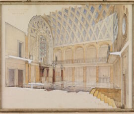 4. Ing. Guido Muggia, Sinagoga di Bologna, prospettiva interna Bologna, 1951, Acquerello su cartoncino 32,5 x 41 cm, Collezione Avv. Muggia
