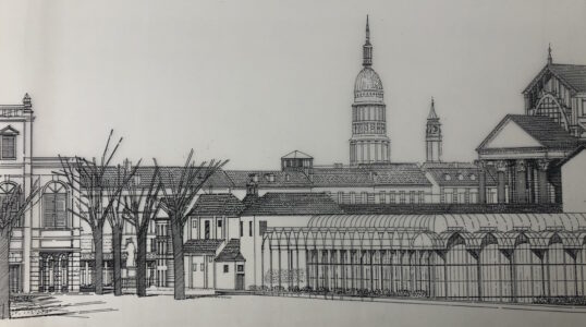Vista prospettica da sud-ovest del nuovo progetto (Zanuso-Crescini, 1984)